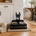 Personalized doberman metal dog bowl stand with custom name cutout and two removable feeding bowls