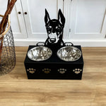 Personalized doberman metal dog bowl stand with custom name cutout and two removable feeding bowls