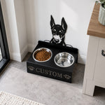 Personalized doberman metal dog bowl stand with custom name cutout and two removable feeding bowls