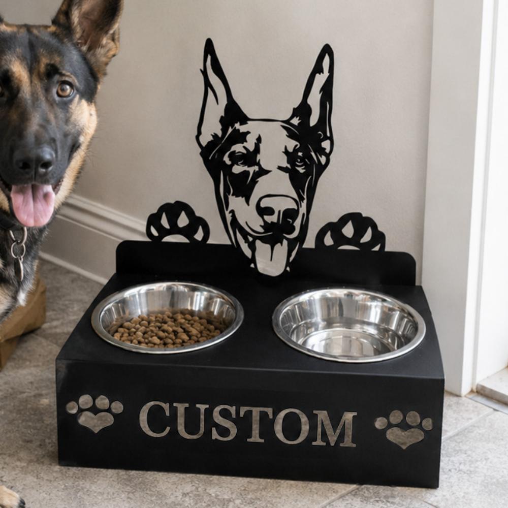 Personalized doberman metal dog bowl stand with custom name cutout and two removable feeding bowls