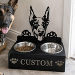 Personalized doberman metal dog bowl stand with custom name cutout and two removable feeding bowls