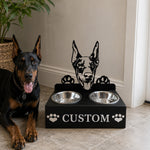 Personalized doberman metal dog bowl stand with custom name cutout and two removable feeding bowls