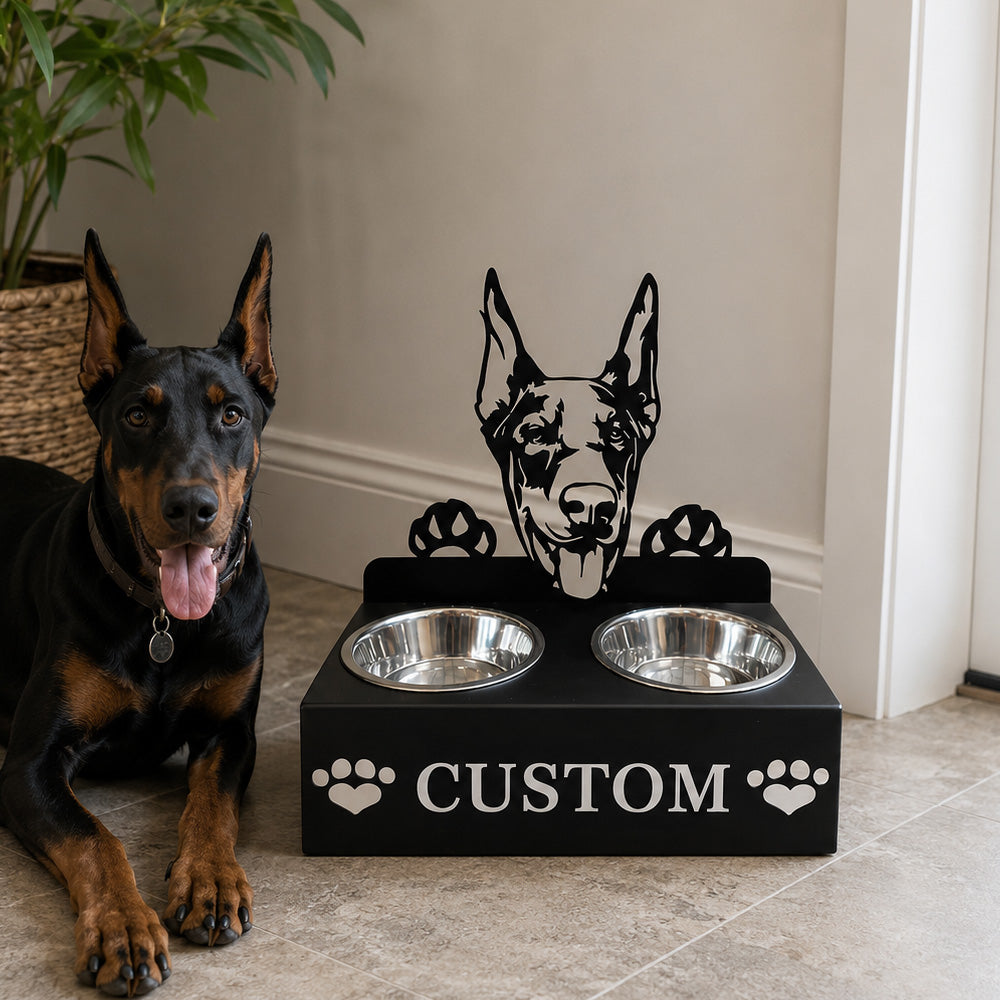 Personalized doberman metal dog bowl stand with custom name cutout and two removable feeding bowls