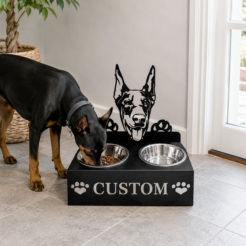 Personalized doberman metal dog bowl stand with custom name cutout and two removable feeding bowls