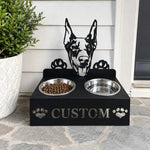Personalized doberman metal dog bowl stand with custom name cutout and two removable feeding bowls