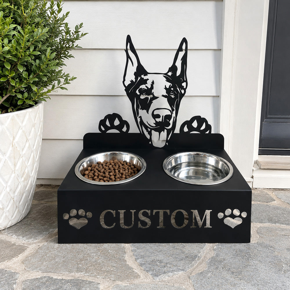 Personalized doberman metal dog bowl stand with custom name cutout and two removable feeding bowls