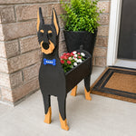 Doberman dog planter filled with fresh flowers is placed in the garden.