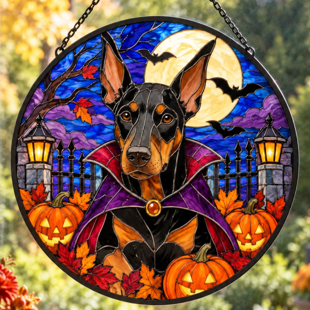 Doberman Pinscher Halloween stained glass suncatcher window hanging, suitable for home and garden decoration