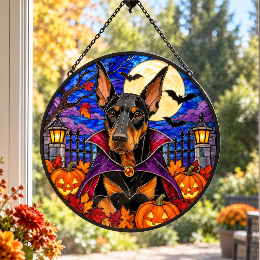 Doberman Pinscher Halloween stained glass suncatcher window hanging, suitable for home and garden decoration