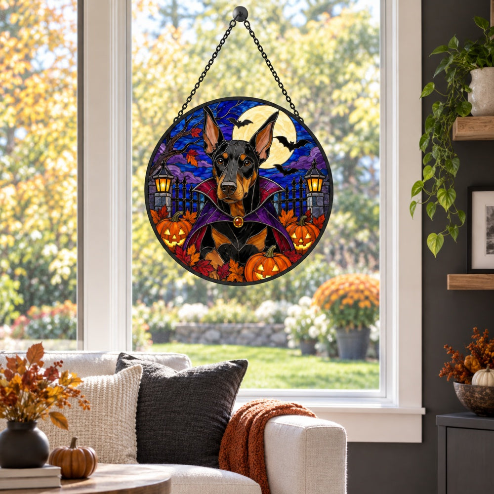 Doberman Pinscher Halloween stained glass suncatcher window hanging, suitable for home and garden decoration