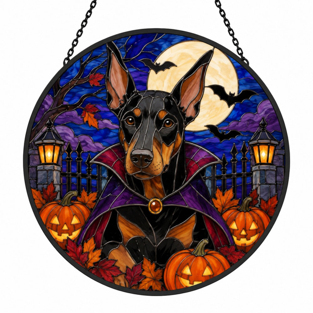 Doberman Pinscher Halloween stained glass suncatcher window hanging, suitable for home and garden decoration