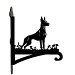 Doberman pinscher metal hanging basket bracket mounted on outdoor wall for plant decoration