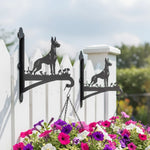 Doberman pinscher metal hanging basket bracket mounted on outdoor wall for plant decoration