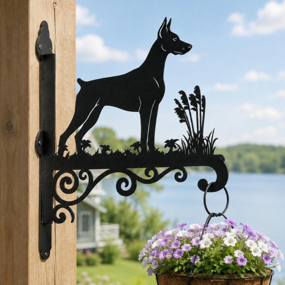 Doberman pinscher metal hanging basket bracket mounted on outdoor wall for plant decoration