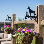 Doberman pinscher metal hanging basket bracket mounted on outdoor wall for plant decoration