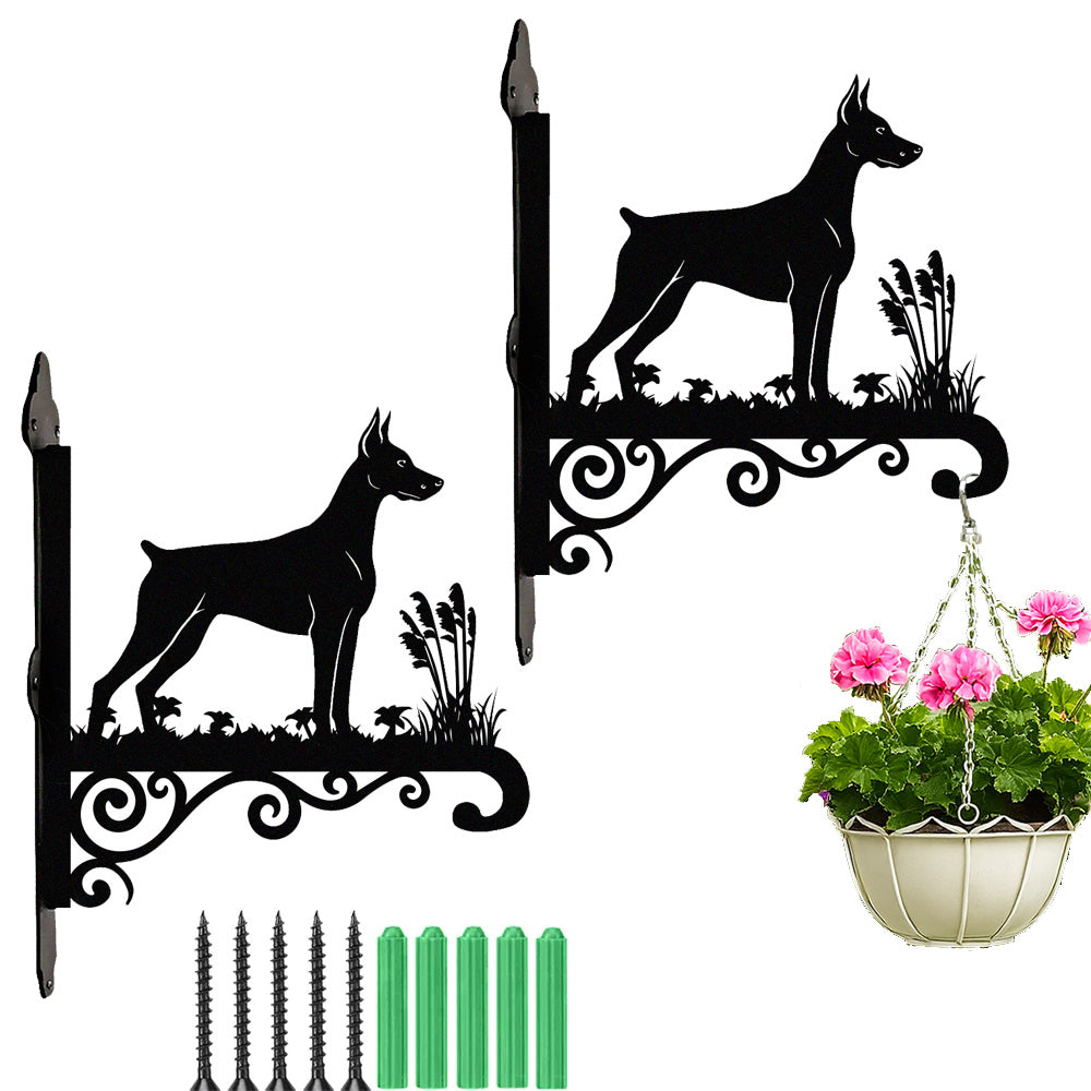 Doberman pinscher metal hanging basket bracket mounted on outdoor wall for plant decoration
