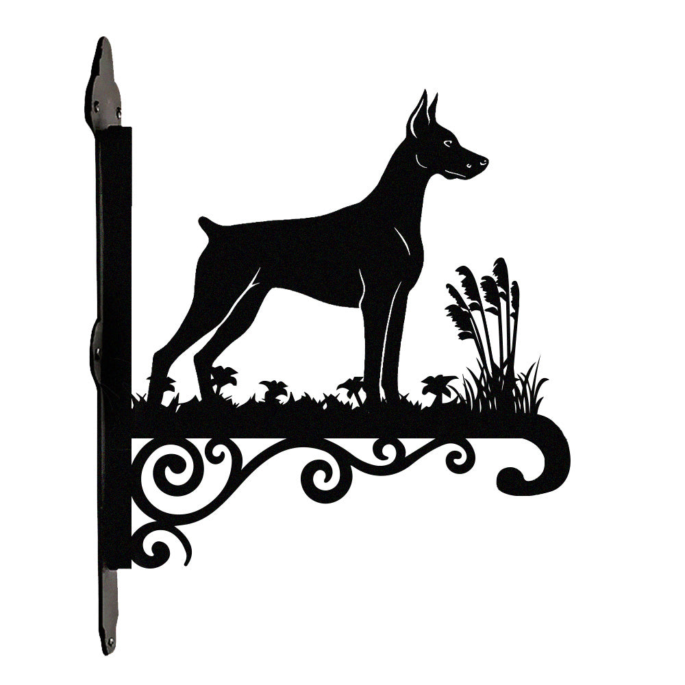 Doberman pinscher metal hanging basket bracket mounted on outdoor wall for plant decoration