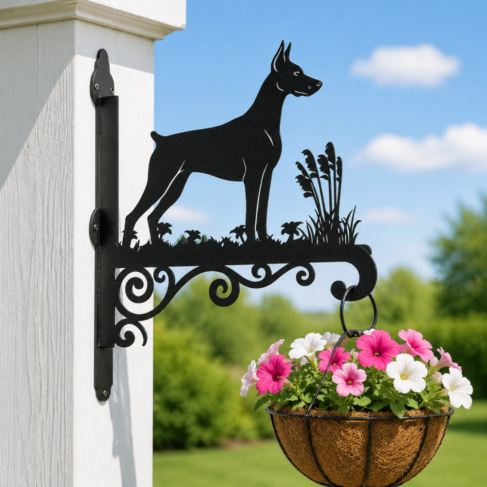 Doberman pinscher metal hanging basket bracket mounted on outdoor wall for plant decoration