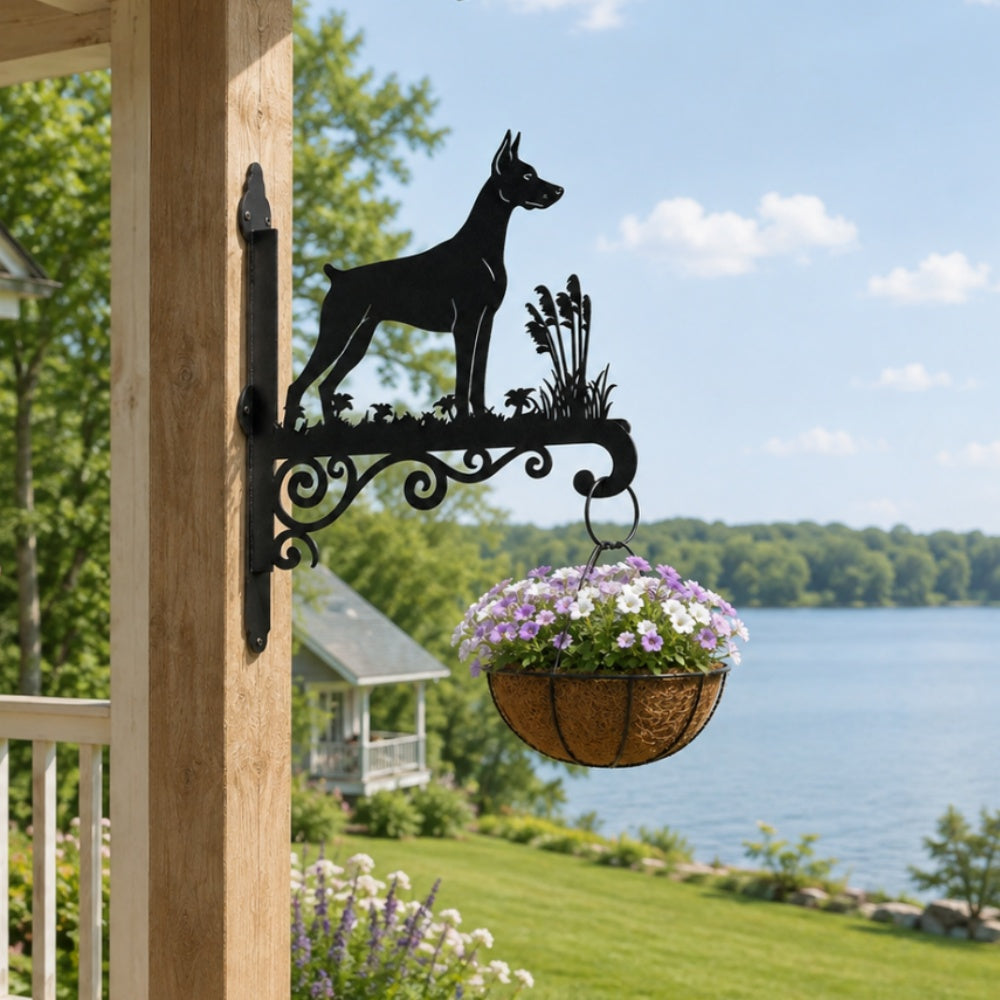 Doberman pinscher metal hanging basket bracket mounted on outdoor wall for plant decoration