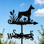 Doberman Pinscher metal weather vane with directional arrows and mounting rod, outdoor roof and garden decoration