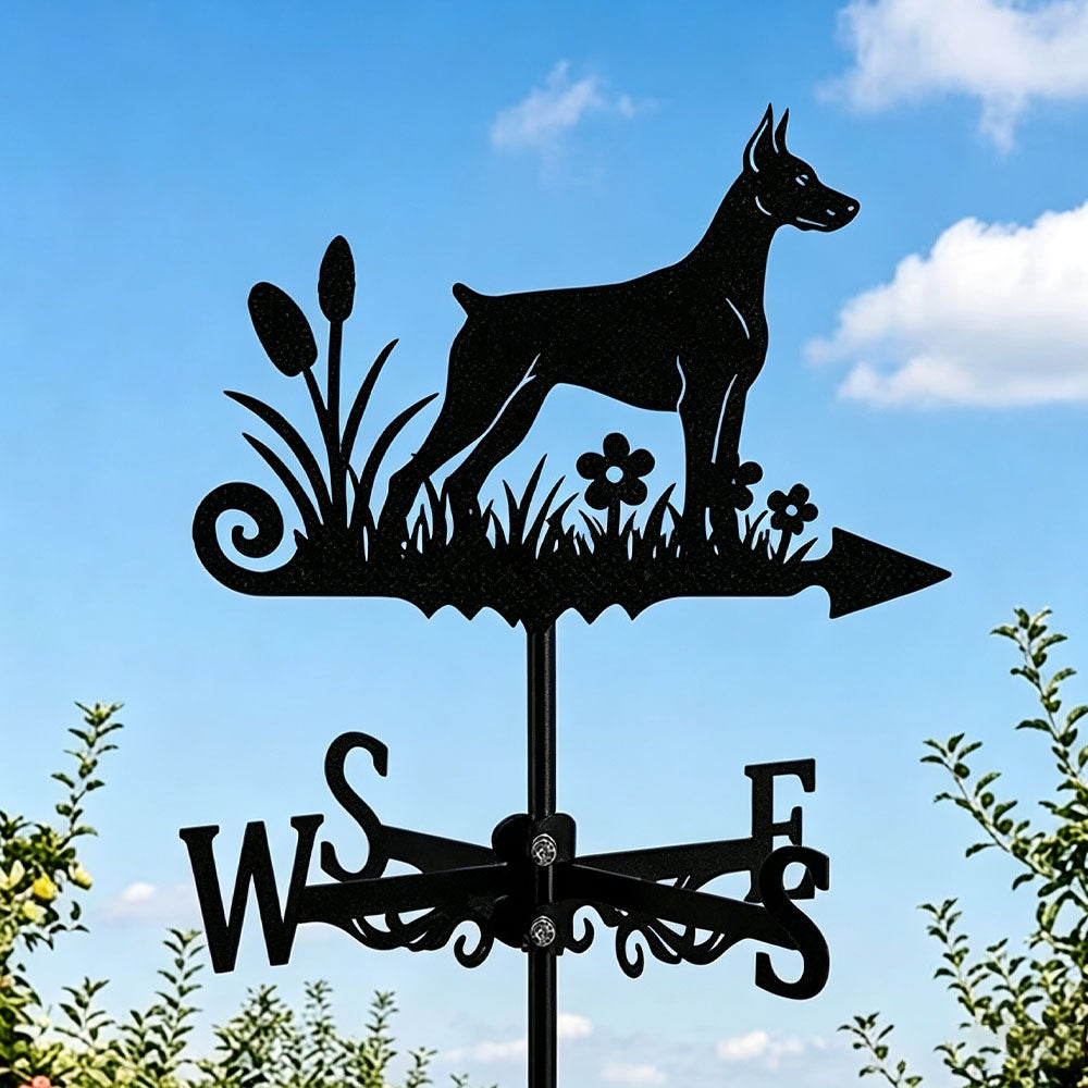 Doberman Pinscher metal weather vane with directional arrows and mounting rod, outdoor roof and garden decoration