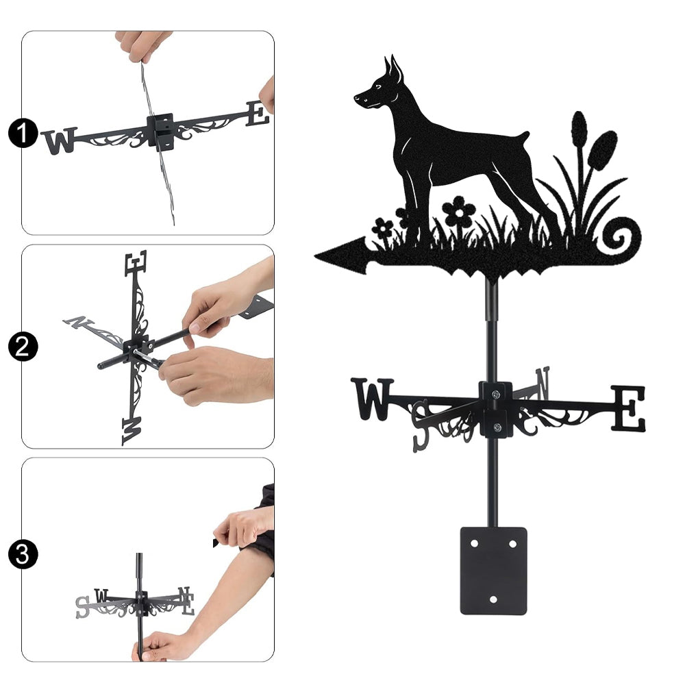 Doberman Pinscher metal weather vane with directional arrows and mounting rod, outdoor roof and garden decoration