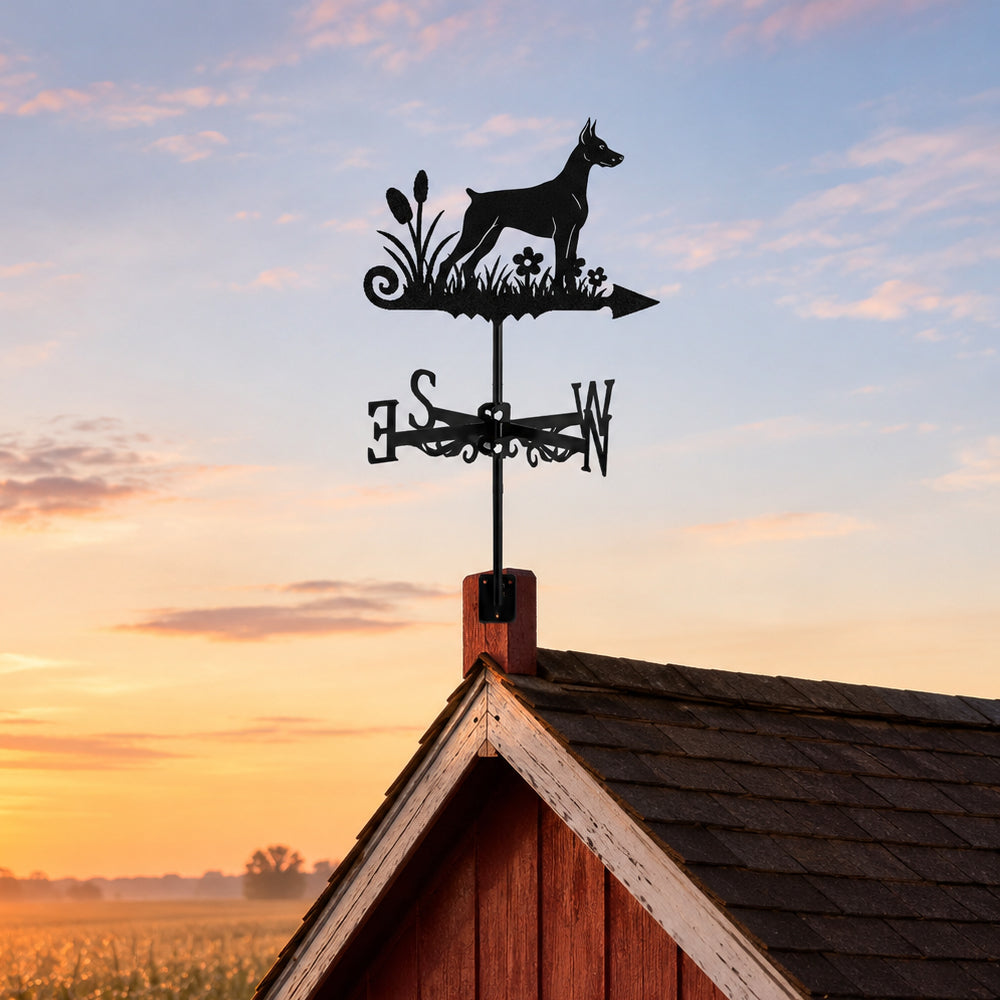 Doberman Pinscher metal weather vane with directional arrows and mounting rod, outdoor roof and garden decoration
