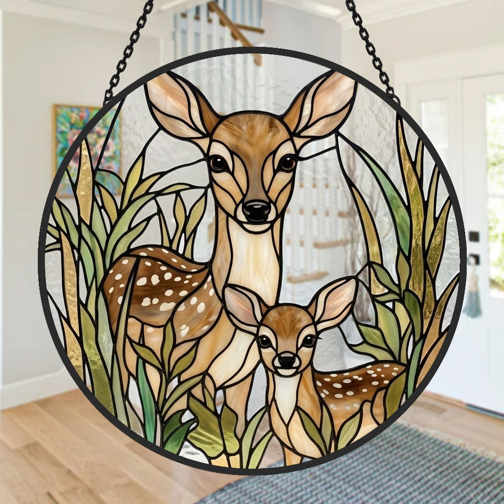 Doe and fawn stained glass suncatcher window hanging, suitable for home and garden decoration
