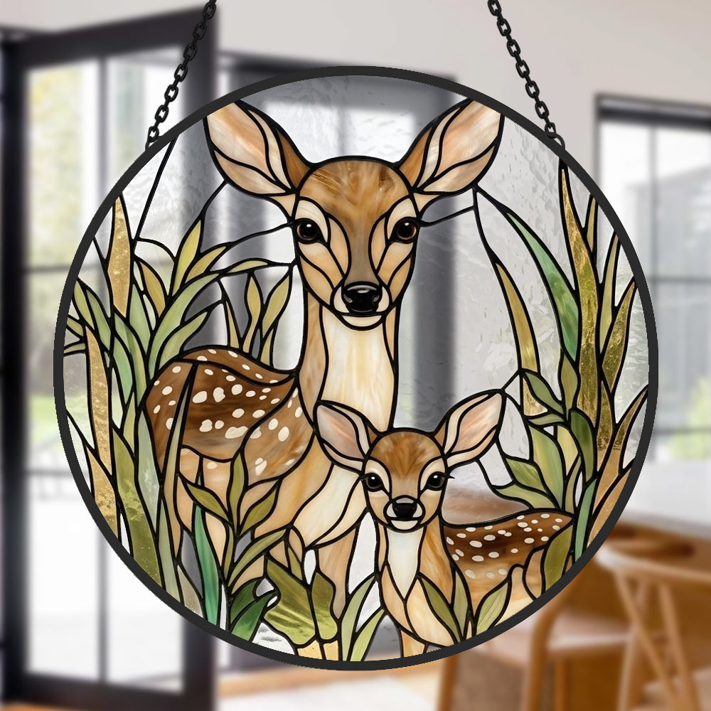 Doe and fawn stained glass suncatcher window hanging, suitable for home and garden decoration