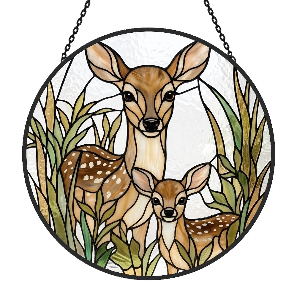 Doe and fawn stained glass suncatcher window hanging, suitable for home and garden decoration