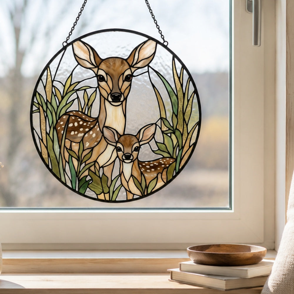 Doe and fawn stained glass suncatcher window hanging, suitable for home and garden decoration