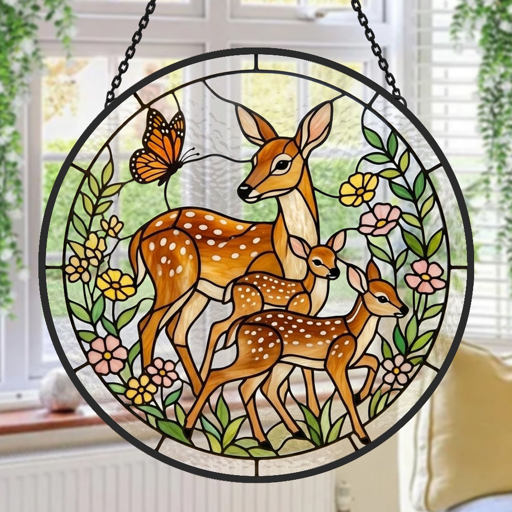 Doe and twin fawns stained glass suncatcher window hanging, suitable for home and garden decoration