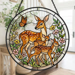 Doe and twin fawns stained glass suncatcher window hanging, suitable for home and garden decoration
