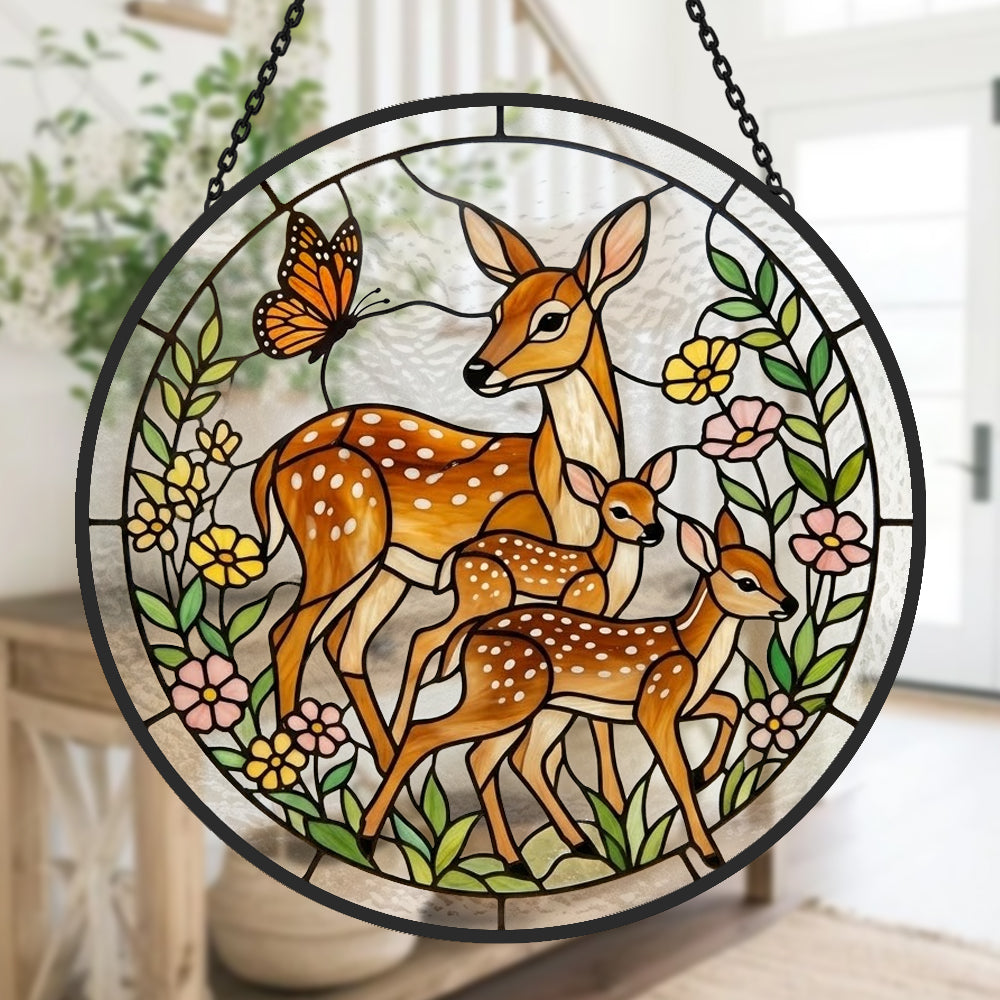 Doe and twin fawns stained glass suncatcher window hanging, suitable for home and garden decoration