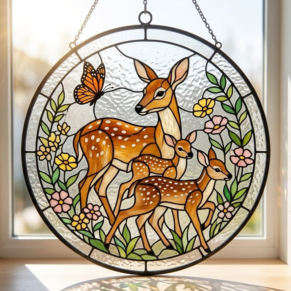 Doe and twin fawns stained glass suncatcher window hanging, suitable for home and garden decoration