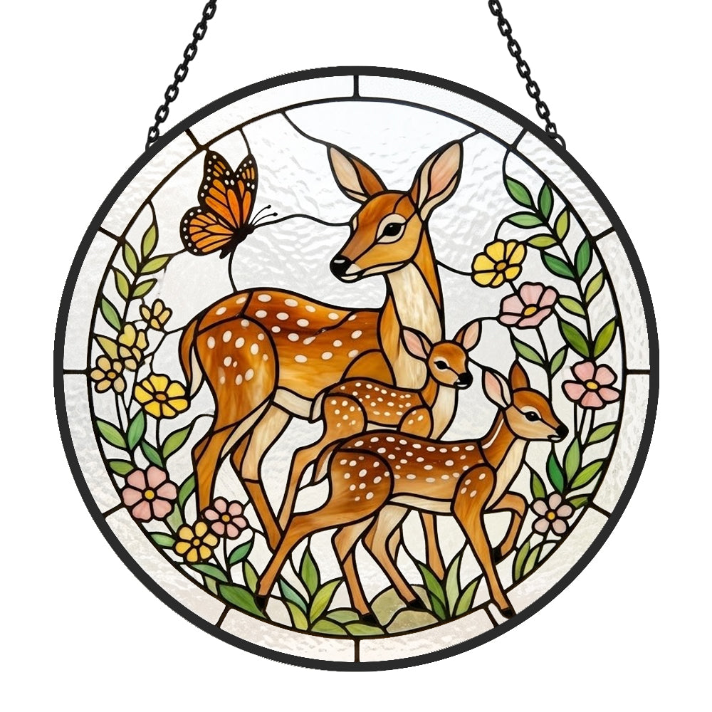 Doe and twin fawns stained glass suncatcher window hanging, suitable for home and garden decoration