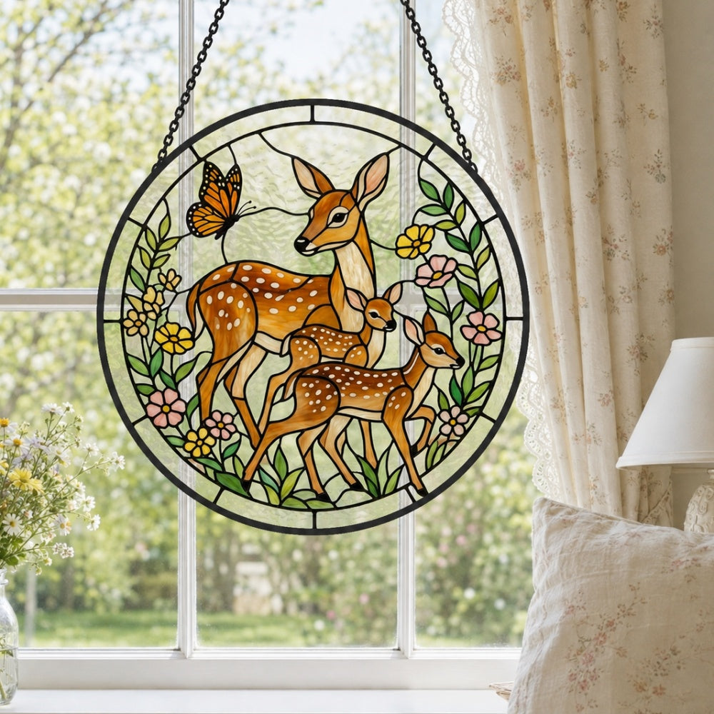 Doe and twin fawns stained glass suncatcher window hanging, suitable for home and garden decoration