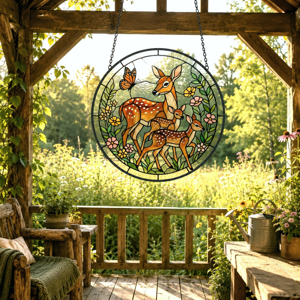 Doe and twin fawns stained glass suncatcher window hanging, suitable for home and garden decoration