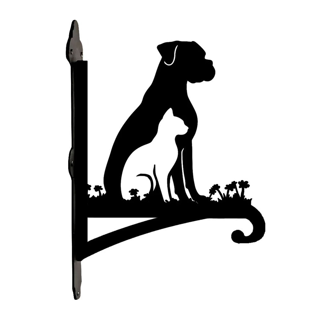 Dog and cat silhouette metal hanging basket bracket mounted on outdoor wall for plant decoration