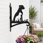 Dog and cat silhouette metal hanging basket bracket mounted on outdoor wall for plant decoration