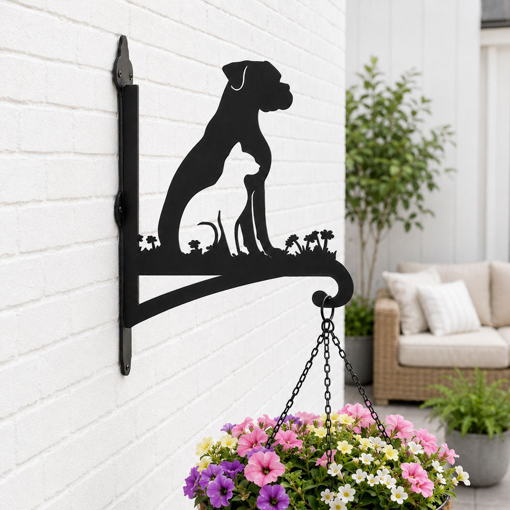Dog and cat silhouette metal hanging basket bracket mounted on outdoor wall for plant decoration