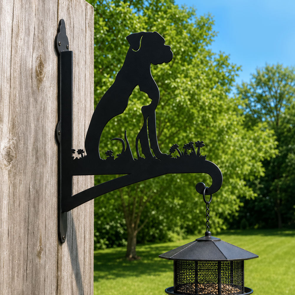 Dog and cat silhouette metal hanging basket bracket mounted on outdoor wall for plant decoration