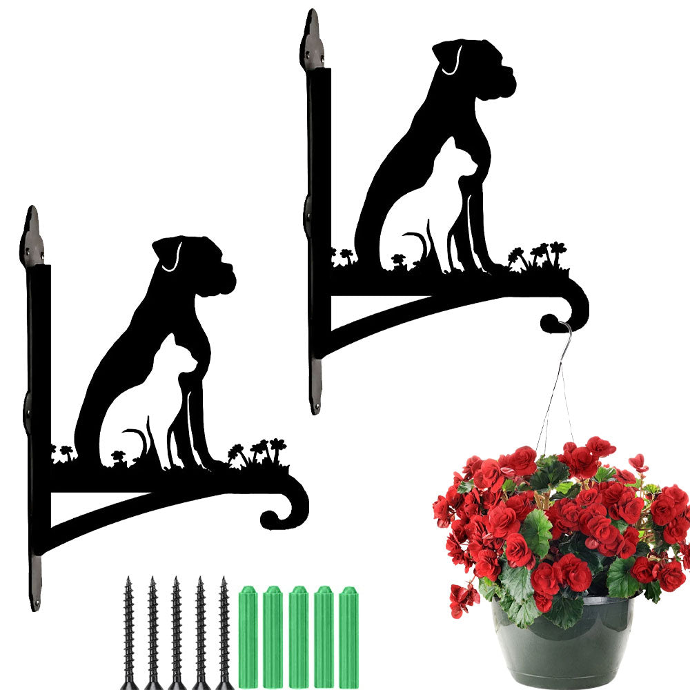 Dog and cat silhouette metal hanging basket bracket mounted on outdoor wall for plant decoration