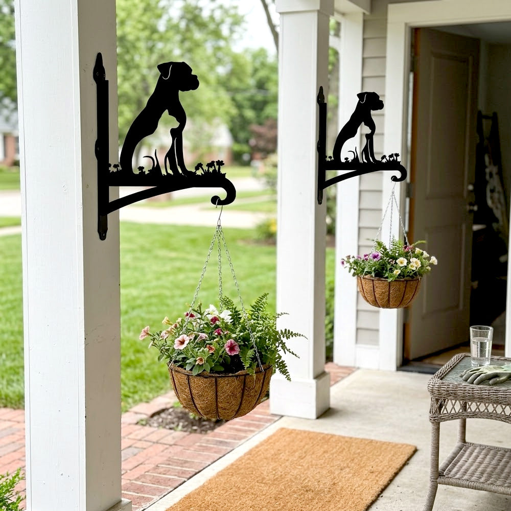 Dog and cat silhouette metal hanging basket bracket mounted on outdoor wall for plant decoration