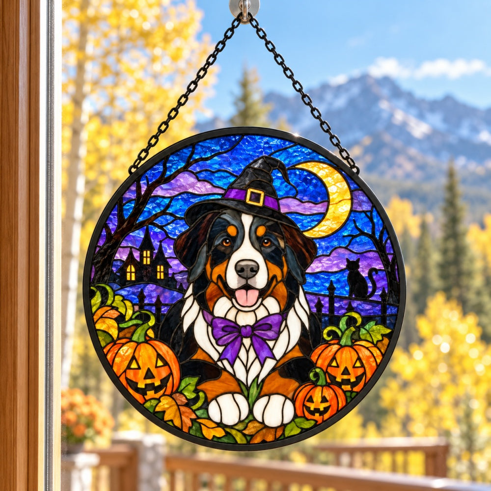 Bernese Mountain Dog Halloween stained glass suncatcher window hanging, suitable for home and garden decoration