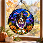 Bernese Mountain Dog Halloween stained glass suncatcher window hanging, suitable for home and garden decoration