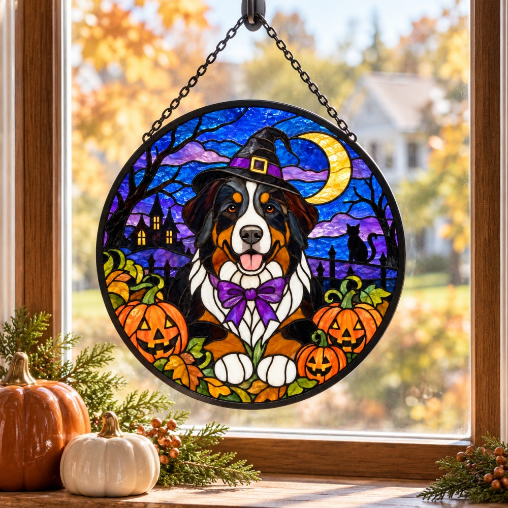 Bernese Mountain Dog Halloween stained glass suncatcher window hanging, suitable for home and garden decoration