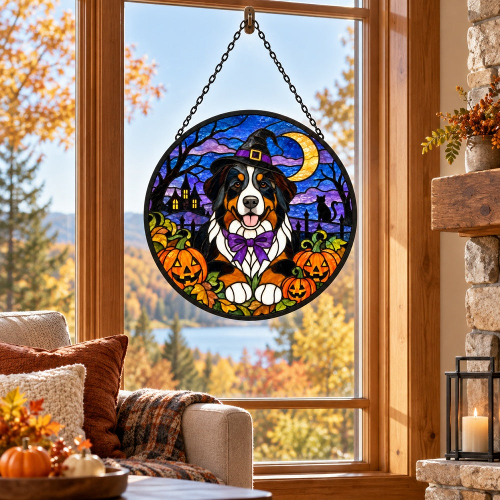 Bernese Mountain Dog Halloween stained glass suncatcher window hanging, suitable for home and garden decoration
