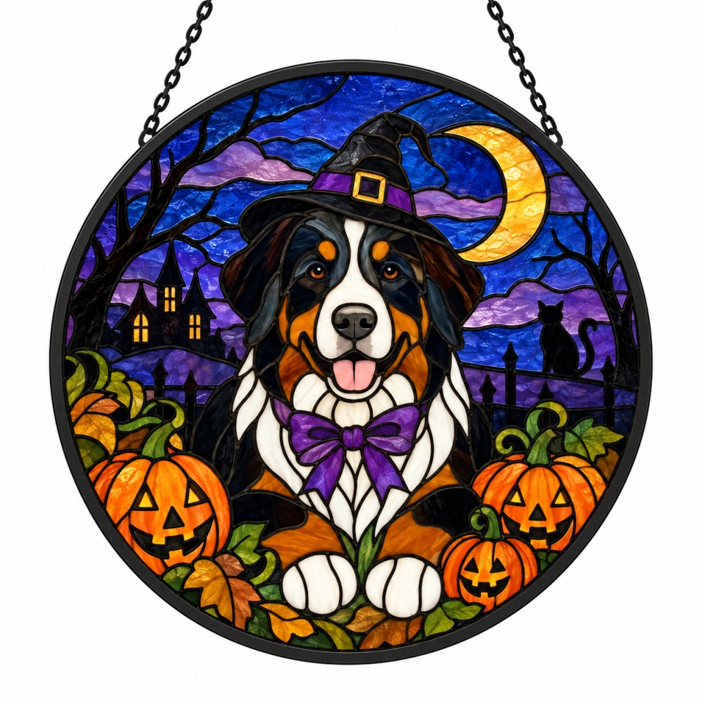 Bernese Mountain Dog Halloween stained glass suncatcher window hanging, suitable for home and garden decoration
