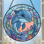 Dolphin and coral reef stained glass suncatcher window hanging, suitable for home and garden decoration